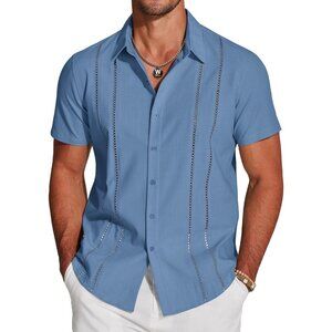 Men's Blue Short Sleeve Knit Shirt Casual Button Down Shirt Vintage Beach Tops